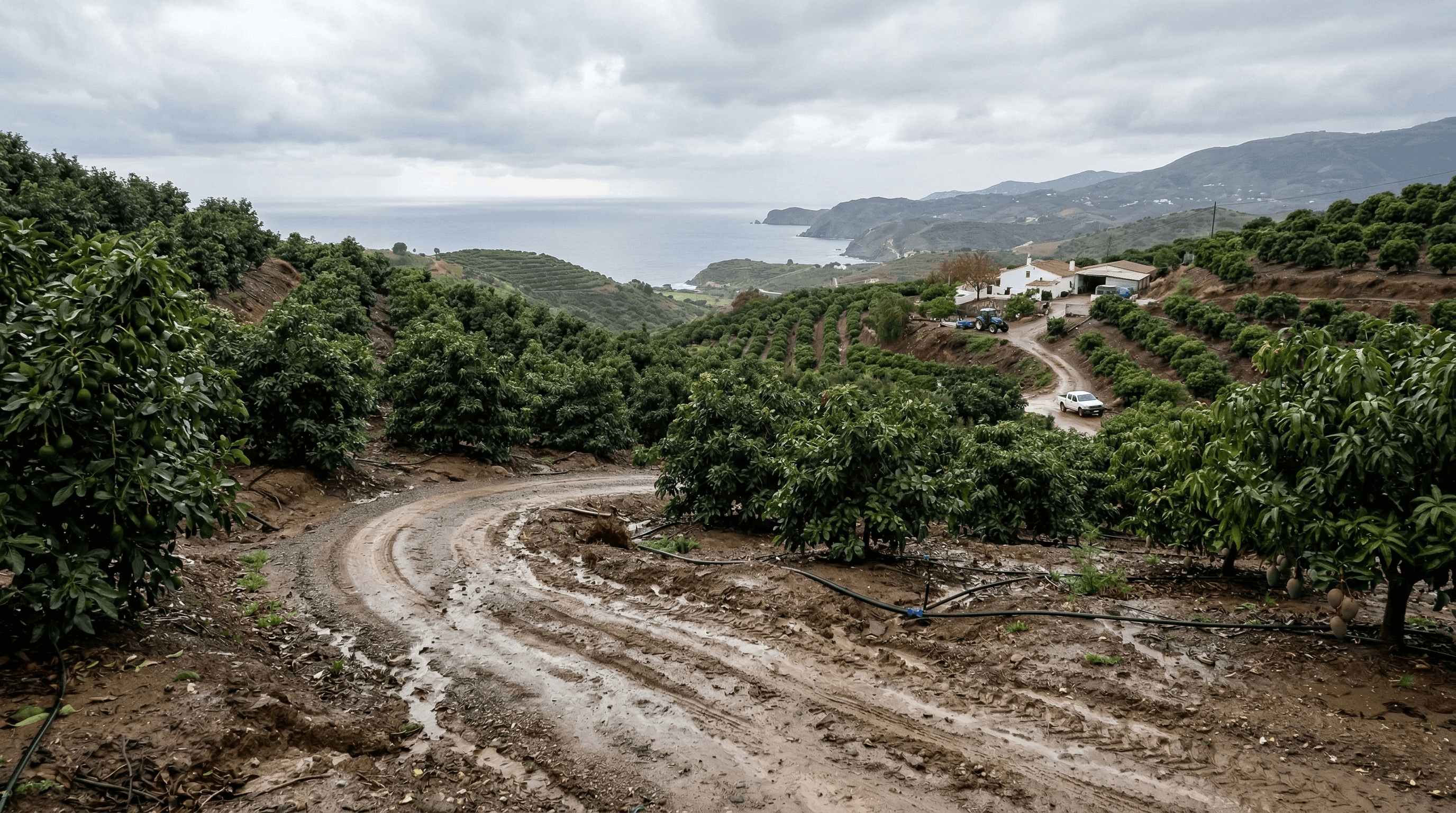 Explotación tropical andaluza con camino rural e infraestructura de riego tras un episodio de lluvias intensas