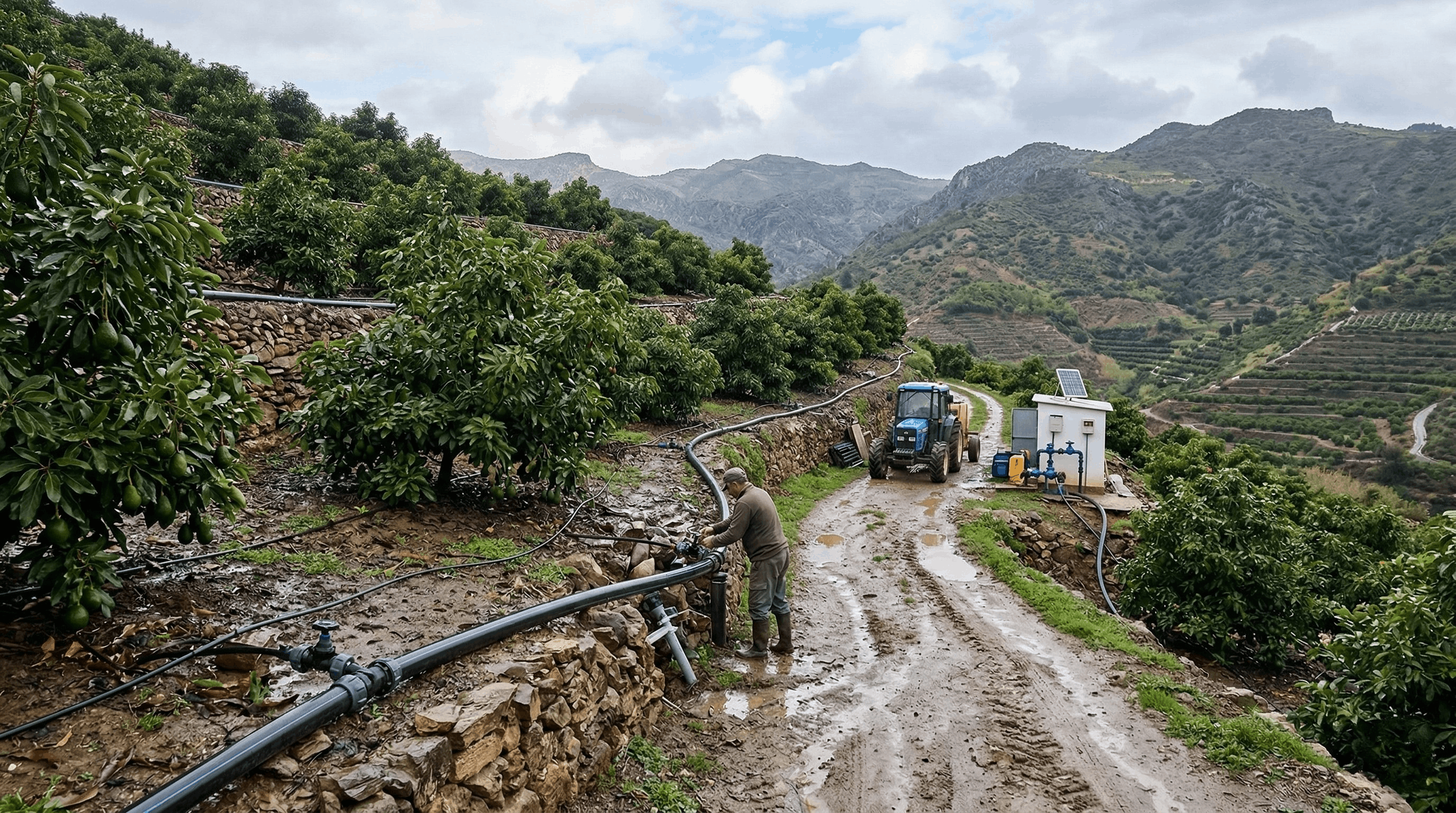 Infraestructura de riego en una explotación tropical andaluza tras un episodio de lluvias